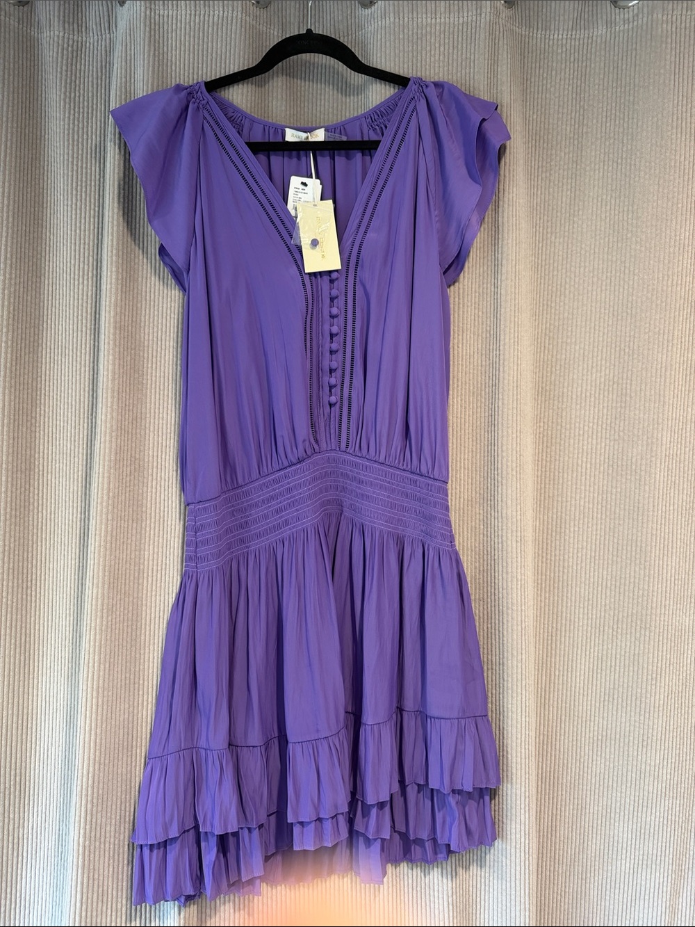 Ramy Brook Purple Tiered V-Neck Women's Dress. Covered buttons
